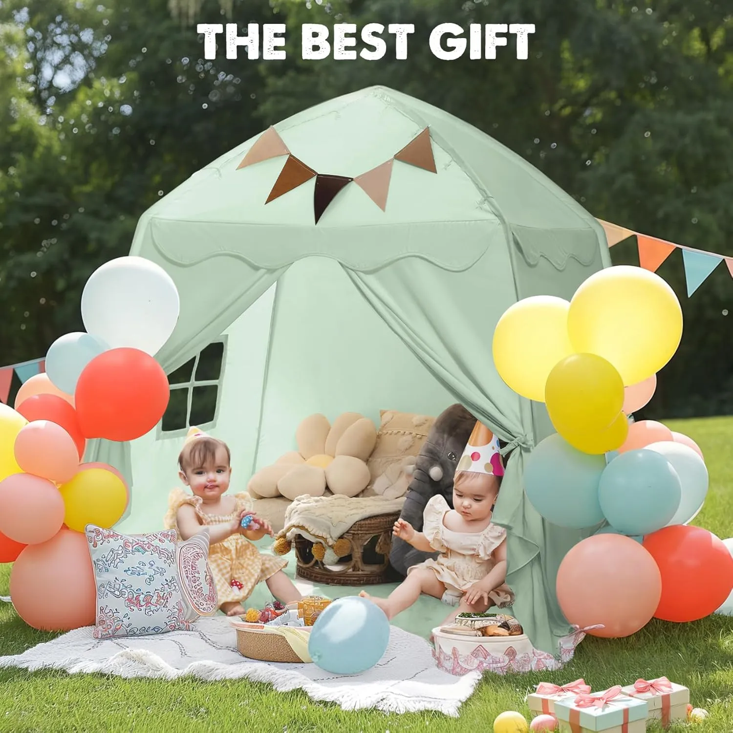 Extra Large Toddler Play Tent & Kids Tent Play Tents with Flags & Star Lights, Portable & Foldable Teepee, Bed Canopy for Boys & Girls, Indoor Outdoor JoyHut Dome Tents Playhouse, 59x39x59 in,Green