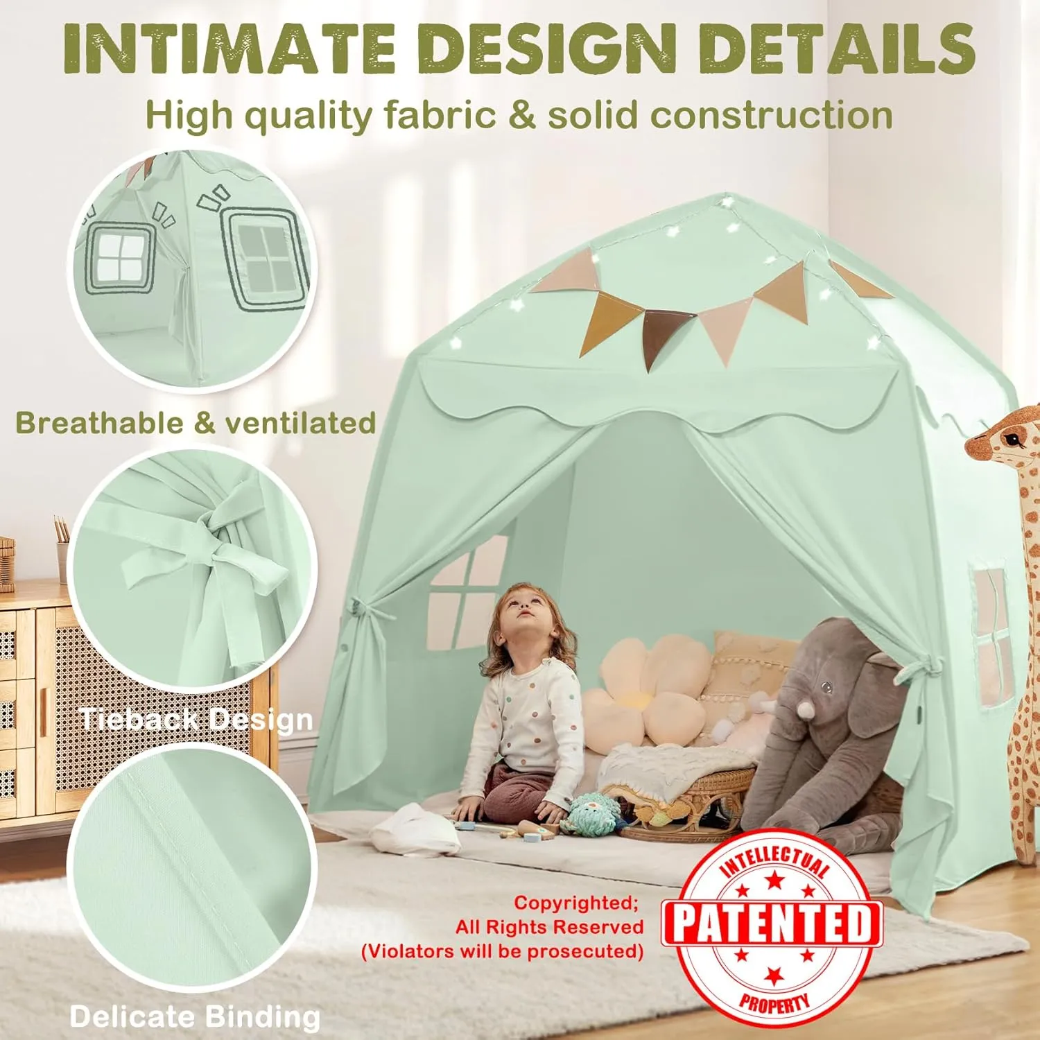 Extra Large Toddler Play Tent & Kids Tent Play Tents with Flags & Star Lights, Portable & Foldable Teepee, Bed Canopy for Boys & Girls, Indoor Outdoor JoyHut Dome Tents Playhouse, 59x39x59 in,Green