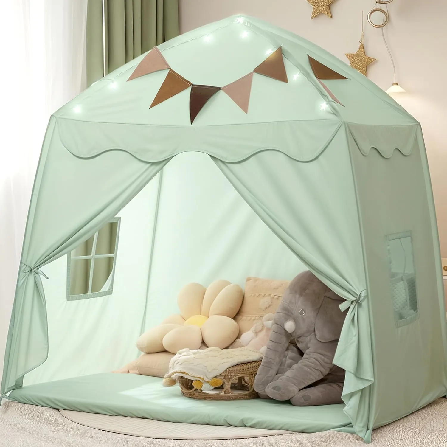 Extra Large Toddler Play Tent & Kids Tent Play Tents with Flags & Star Lights, Portable & Foldable Teepee, Bed Canopy for Boys & Girls, Indoor Outdoor JoyHut Dome Tents Playhouse, 59x39x59 in,Green