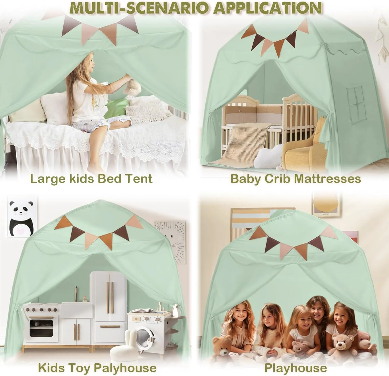 Extra Large Toddler Play Tent & Kids Tent Play Tents with Flags & Star Lights, Portable & Foldable Teepee, Bed Canopy for Boys & Girls, Indoor Outdoor JoyHut Dome Tents Playhouse, 59x39x59 in,Green