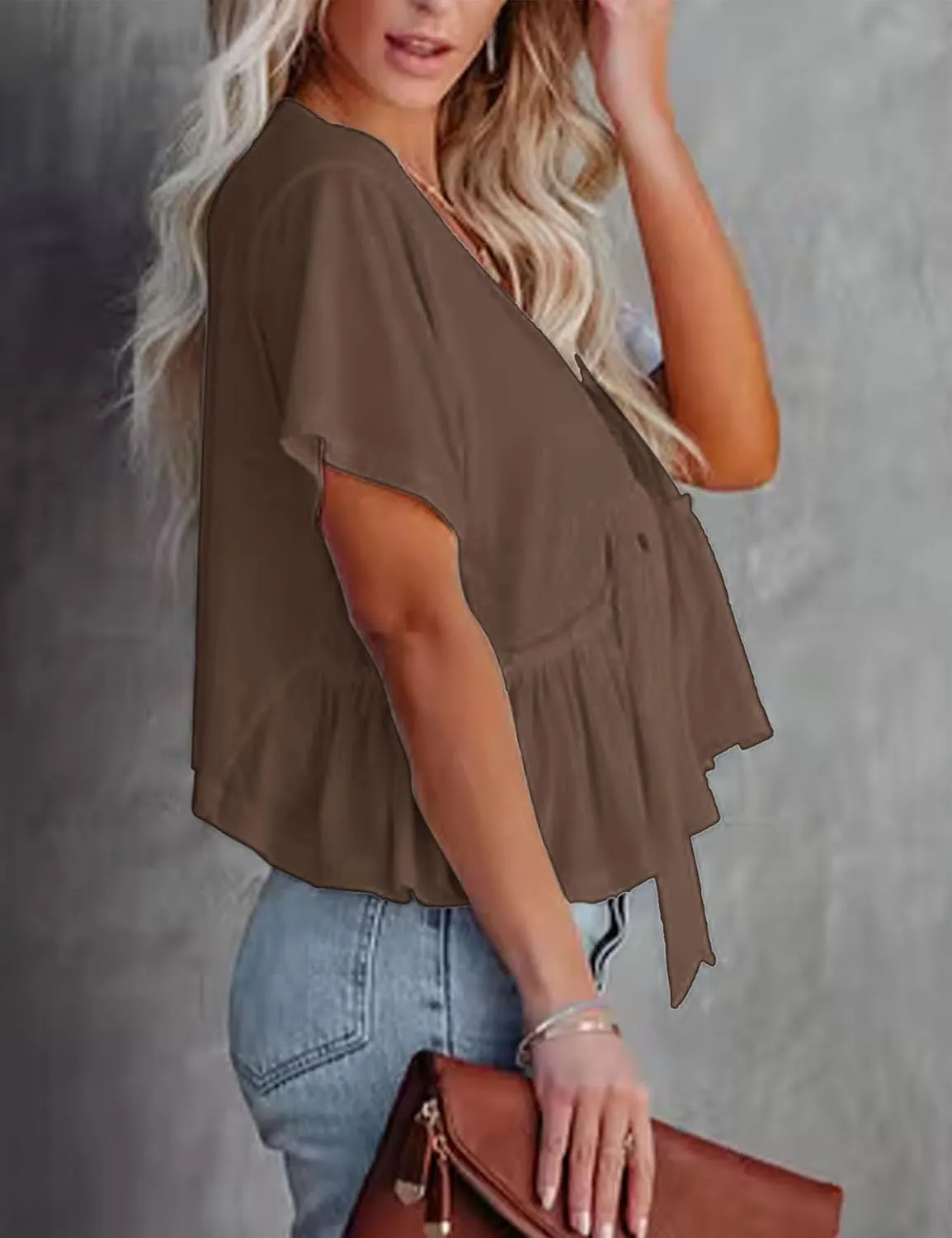 Fanway&EC Women's Short Sleeve V Neck Blouses Ruffle Hem Tie Front Crop Tops Lightweight Basic Summer Tops