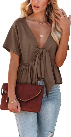 Fanway&EC Women's Short Sleeve V Neck Blouses Ruffle Hem Tie Front Crop Tops Lightweight Basic Summer Tops
