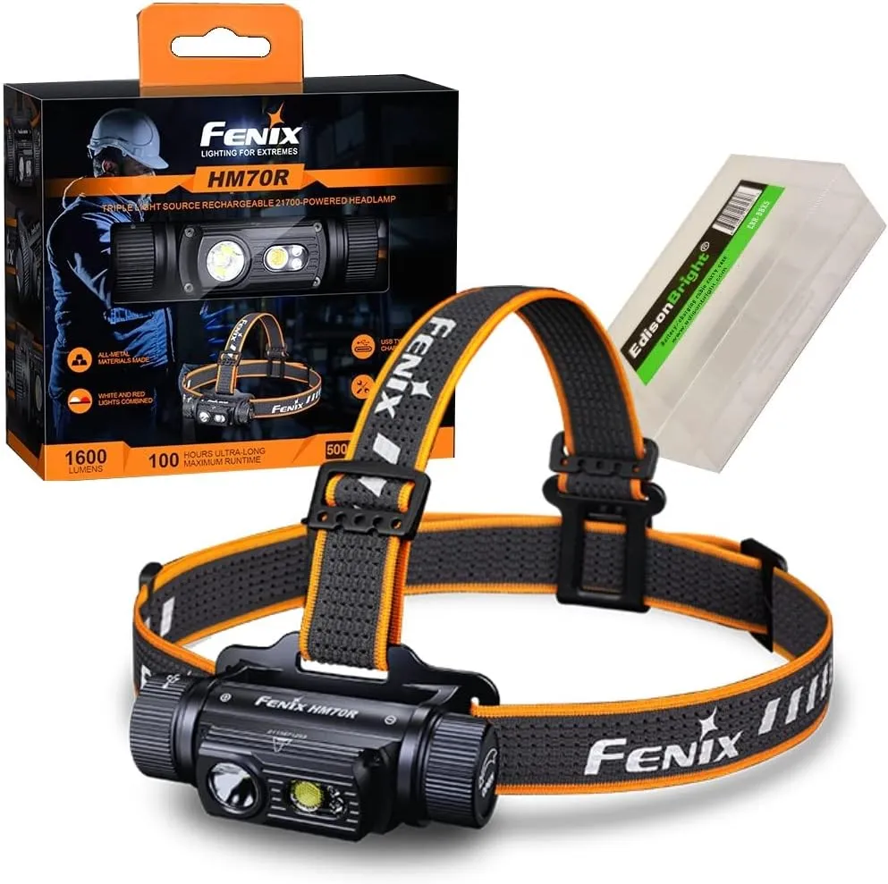 Fenix HM70R 1600 Lumen Rechargeable White/red LED Headlamp with EdisonBright Battery Carrying case Bundle