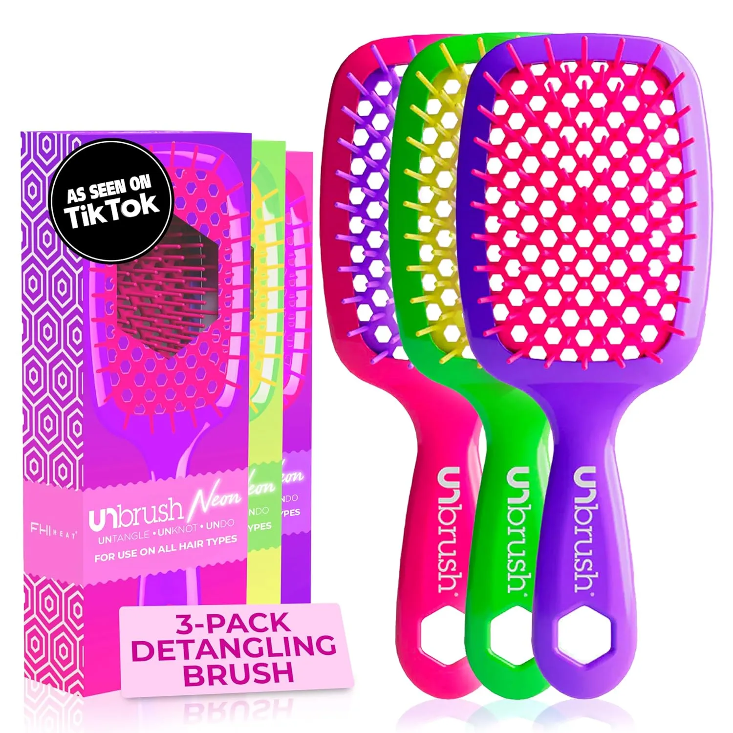 FHI Heat UNbrush Detangling Brush (3-Pack Bundle) — Hair Brush for All Wet/Dry Hair Types — Pain-Free Detangler Brush w/DuoFlex Anti Static Bristles — Lightweight Travel Hair Brush (Neon Collection)