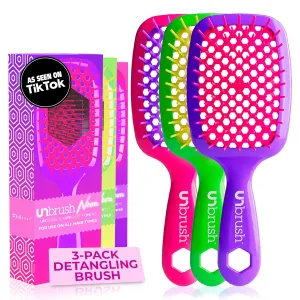 FHI Heat UNbrush Detangling Brush (3-Pack Bundle) — Hair Brush for All Wet/Dry Hair Types — Pain-Free Detangler Brush w/DuoFlex Anti Static Bristles — Lightweight Travel Hair Brush (Neon Collection)