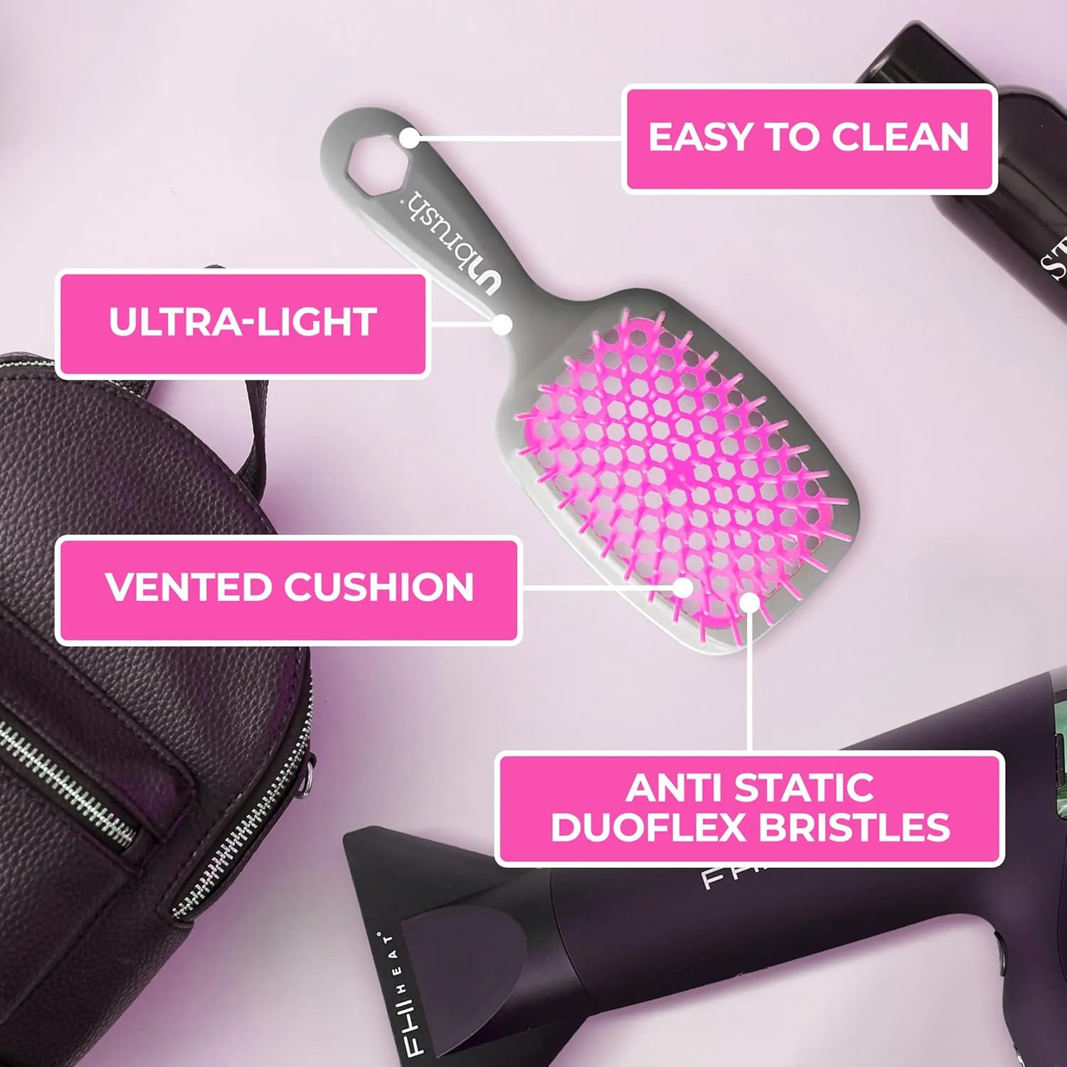 FHI Heat UNbrush Detangling Brush for Pain-Free Brushing on All Wet or Dry Hair Types — Durable DuoFlex Anti-Static Bristles, Lightweight Handle, Vented Hair Brush