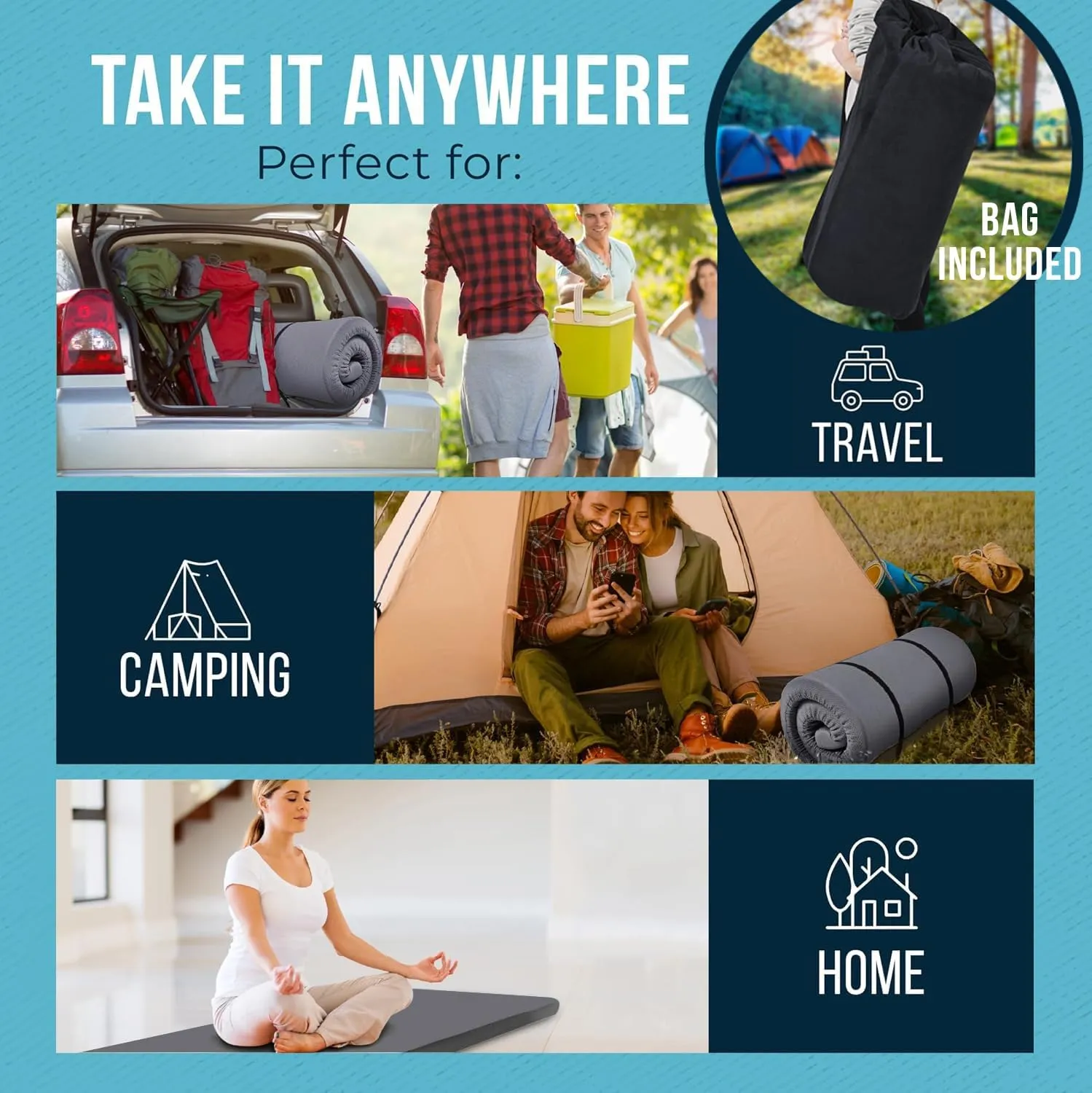 Foamma 3" x 38" x 75" High Density Roll-Up Camping Mattress with Water Resistant Zipper Cover, Foldable and Portable for Camping, RV Bunk, Tent, Guest Bed, Outdoor and Dorm, CertiPUR-US Certified Foam