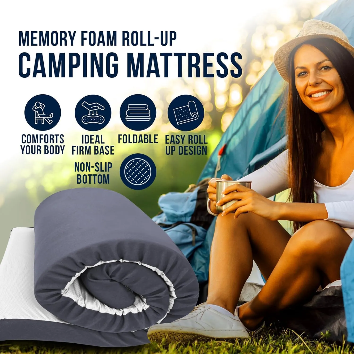 Foamma 3" x 38" x 75" High Density Roll-Up Camping Mattress with Water Resistant Zipper Cover, Foldable and Portable for Camping, RV Bunk, Tent, Guest Bed, Outdoor and Dorm, CertiPUR-US Certified Foam