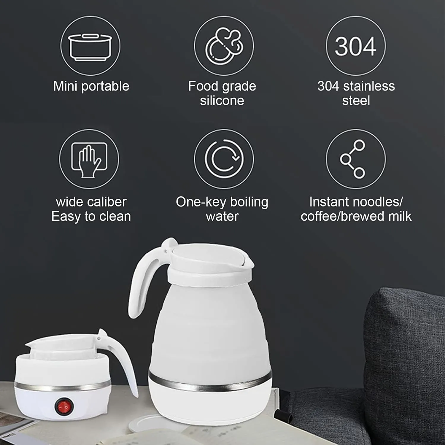Foldable Kettle, 600ml Camping Kettle, Portable Food Grade Silicone Electric Kettle, Electric Pressure Boiler, Ideal for Travel, Hiking, Indoor (White)