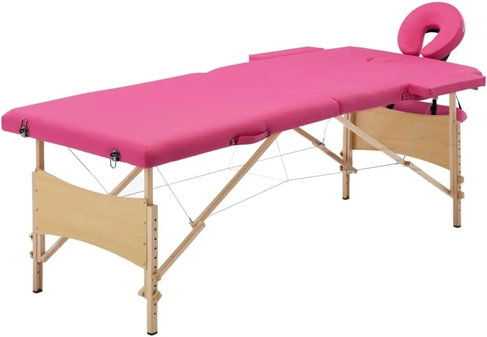 Foldable Massage Table 2 Zones Wooden Frame, Adjustable Height, Faux Leather Padding, Comfortable Lightweight Design, Pink