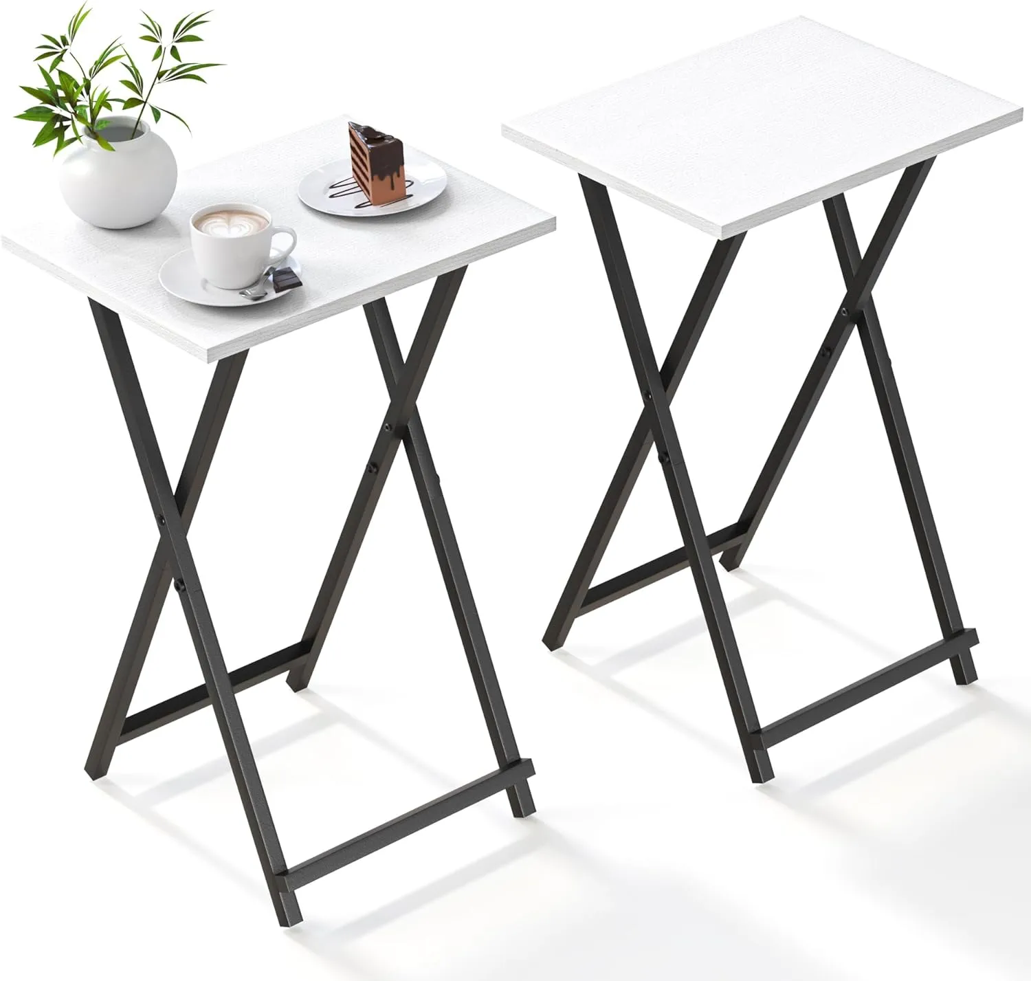 Foldable TV Trays, Small Folding Table, TV Trays Set of 2, TV Dinner Tray, Side Table for Bed, Couch, Portable Easy to Move, White
