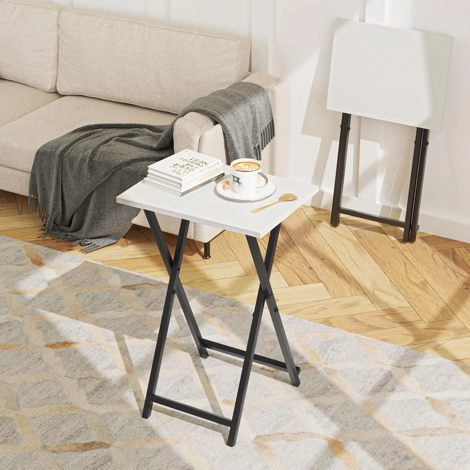 Foldable TV Trays, Small Folding Table, TV Trays Set of 2, TV Dinner Tray, Side Table for Bed, Couch, Portable Easy to Move, White