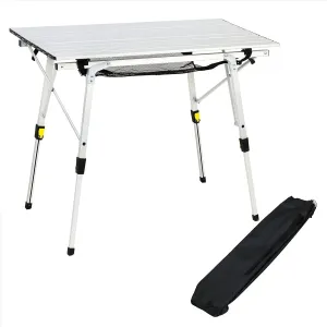 Folding Aluminium Camping Table,Portable Picnic Folding Table,top Mesh Layer,with Height Adjustable Legs Roll Up Table,for Picnic Garden Camping,Woodcolor, Silver