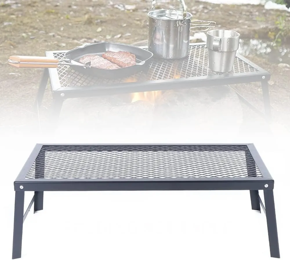 Folding Campfire Grill Camping BBQ Grill Outdoor Fire Pit Cooking Grate Barbecue Griddle Plate Foldable Portable Grill Rack with Legs for Picnic, Black 21.7 * 11.8 * 7.1in