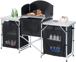 Folding Camping Kitchen Table, Aluminum Portable Outdoor Cooking Table with Windscreen, Foldable Camp Table Cook Station for BBQ, Grill, Party, Picnics, Portable Outdoor Cooking Table Cupboards