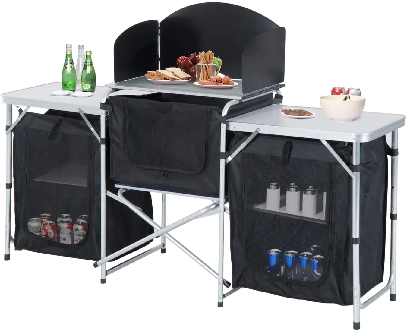 Folding Camping Kitchen Table, Aluminum Portable Outdoor Cooking Table with Windscreen, Foldable Camp Table Cook Station for BBQ, Grill, Party, Picnics, Portable Outdoor Cooking Table Cupboards