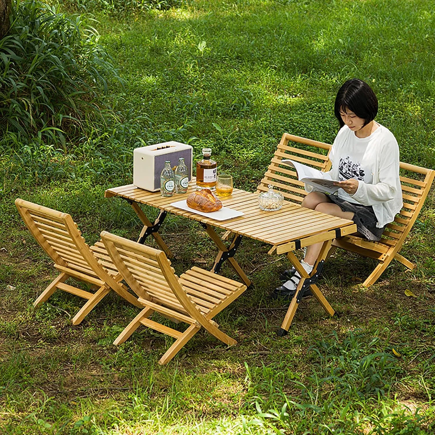 Folding Camping Table, Camping Egg Roll Table Portable Roll-up Picnic Table with Easy Carrying Bag, Lightweight Bamboo Outdoor Table for Picnic BBQ Backyard Beach Party
