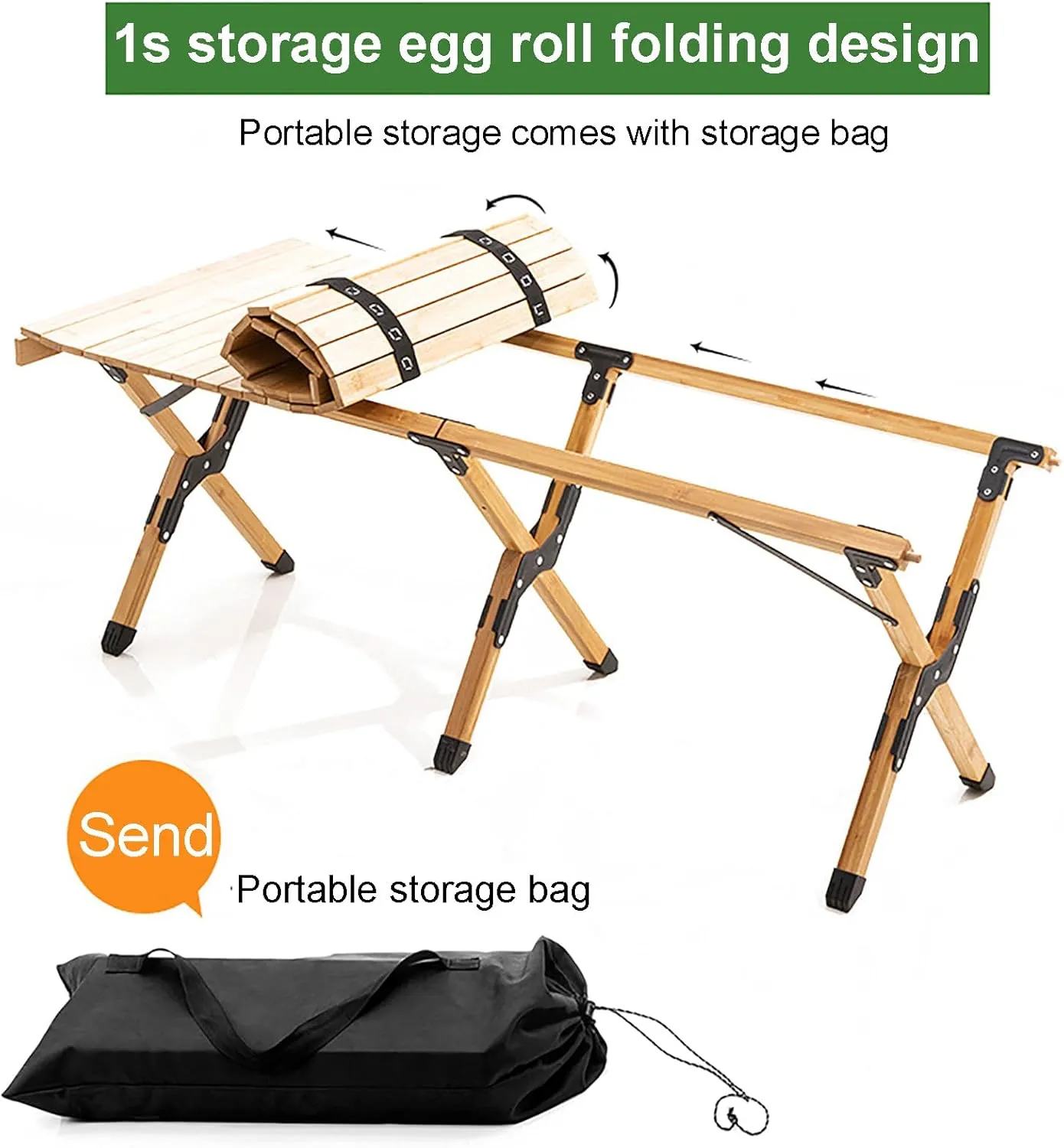 Folding Camping Table, Camping Egg Roll Table Portable Roll-up Picnic Table with Easy Carrying Bag, Lightweight Bamboo Outdoor Table for Picnic BBQ Backyard Beach Party