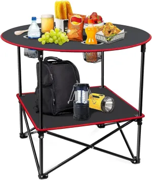 Folding Camping Table, Outdoor Portable Folding Picnic Table, Lightweight Collapsible Camp Table with Built-in 4 Cup Holders and Travel Bag for Barbeque Beach Fishing, Black, 981256