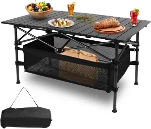 Folding Camping Table, Portable Beach Table with Basket Storage & Carrying Bag, 220 LBS Max Aluminum Roll-up Table for Indoor Outdoor Picnic BBQ Backyards Beach Party Patio
