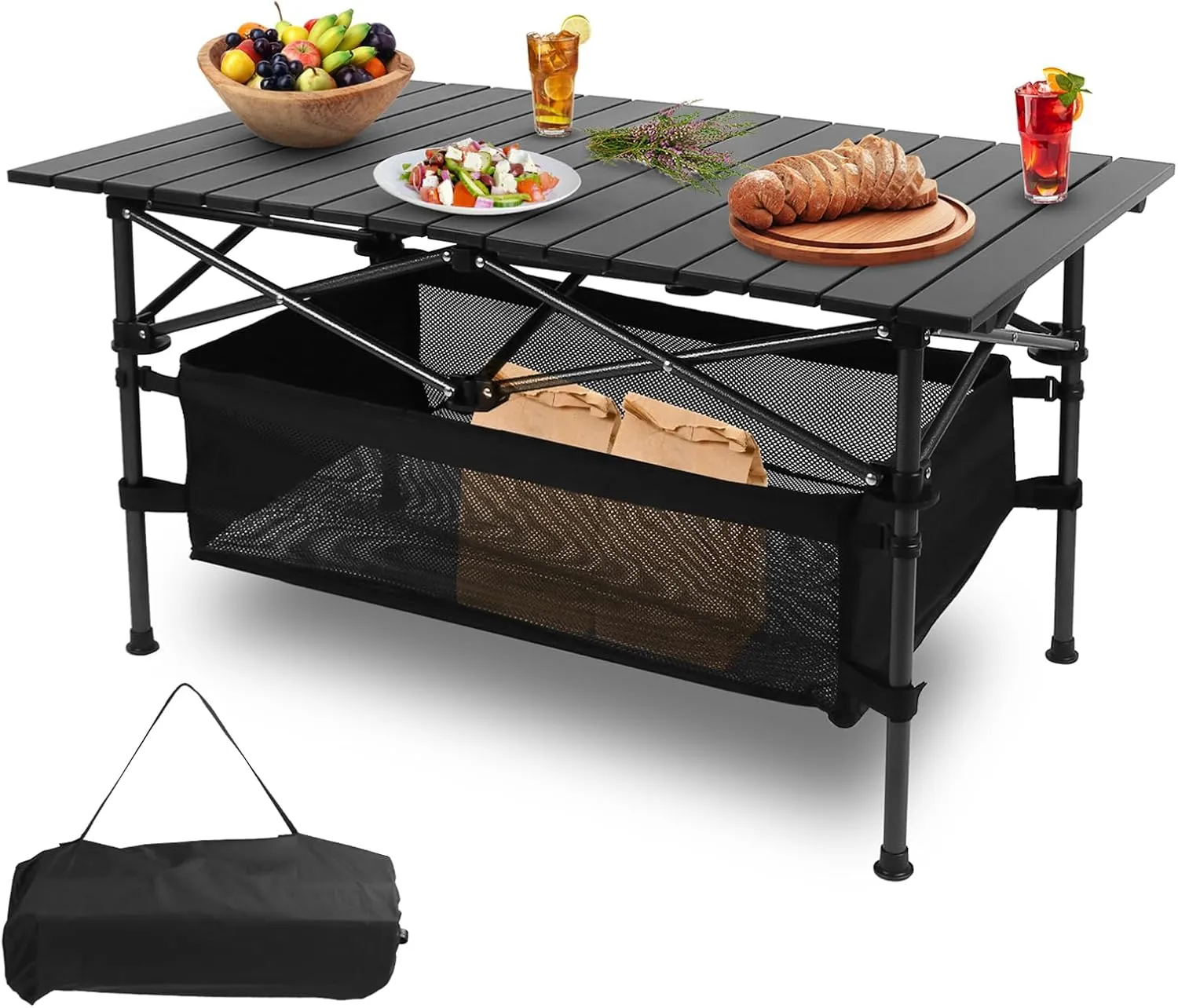 Folding Camping Table, Portable Beach Table with Basket Storage & Carrying Bag, 220 LBS Max Aluminum Roll-up Table for Indoor Outdoor Picnic BBQ Backyards Beach Party Patio
