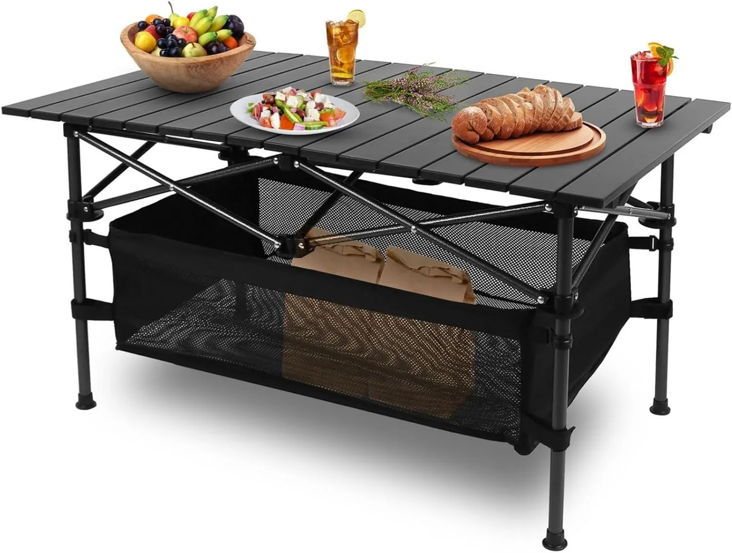 Folding Camping Table, Ultralight with Mesh Layer Camping Table, Aluminum Roll up Tables with Carrying Bag for Indoor, Outdoor, Beach, Backyard, BBQ, Black