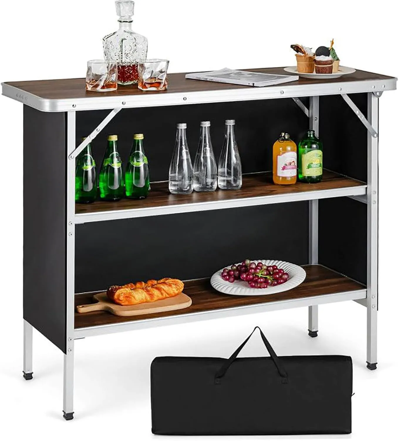 Folding Camping Table with 2-Tier Shelves, Portable Outdoor Picnic BBQ Table, Lightweight Aluminum Frame, Waterproof Oxford Cloth, Easy Setup for Camping, Hiking, Tailgating