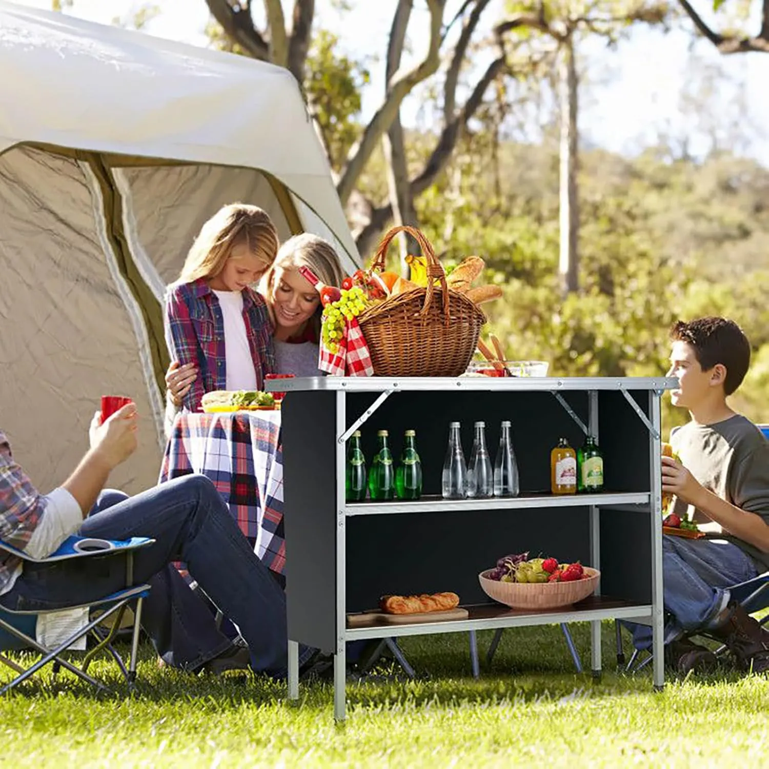 Folding Camping Table with 2-Tier Shelves, Portable Outdoor Picnic BBQ Table, Lightweight Aluminum Frame, Waterproof Oxford Cloth, Easy Setup for Camping, Hiking, Tailgating
