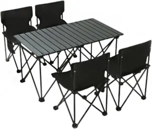 Folding Camping Table with 4 Chairs,Outdoor Portable Beach Table Lightweight CampTable with Carry Bag for 4-6 People for Picnic BBQ Backyard Beach