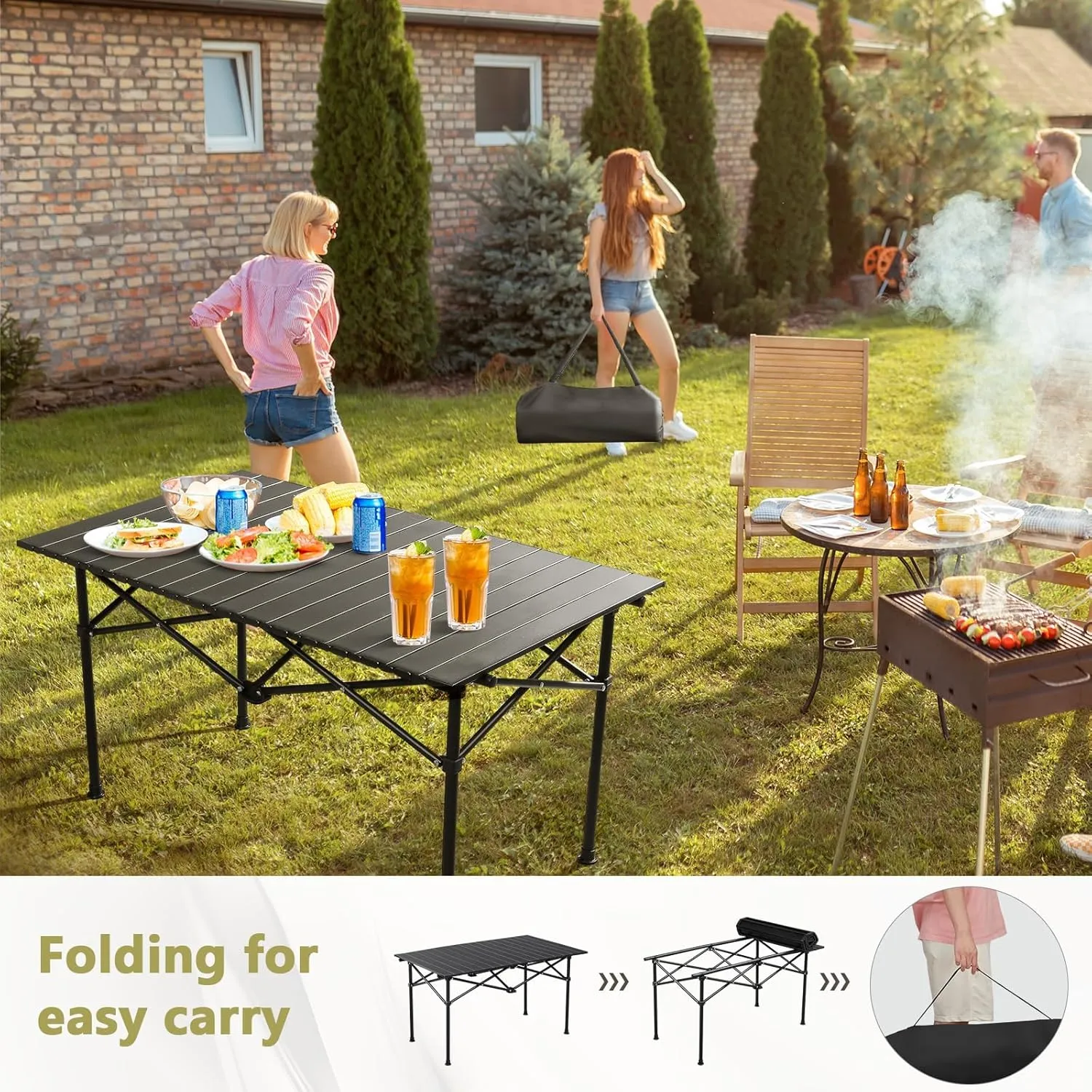 Folding Camping Table with Aluminum Top, Lightweight Portable Table for Picnic, BBQ, Cooking, and Outdoor Activities, Includes Carry Bag Wood Color 50×53×50cm/19.7×20.9×19.7in