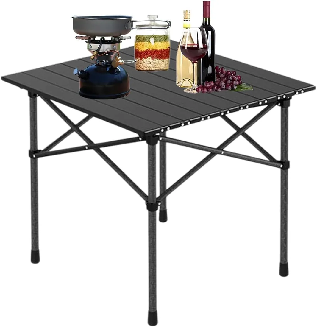 Folding Camping Table with Aluminum Top, Lightweight Portable Table for Picnic, BBQ, Cooking, and Outdoor Activities, Includes Carry Bag Wood Color 50×53×50cm/19.7×20.9×19.7in