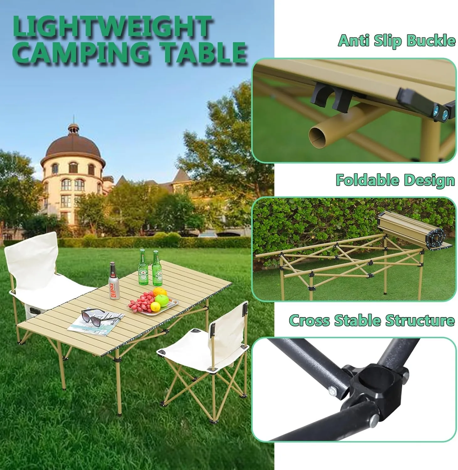 Folding Camping Table with Aluminum Top, Lightweight Portable Table for Picnic, BBQ, Cooking, and Outdoor Activities, Includes Carry Bag Wood Color 50×53×50cm/19.7×20.9×19.7in
