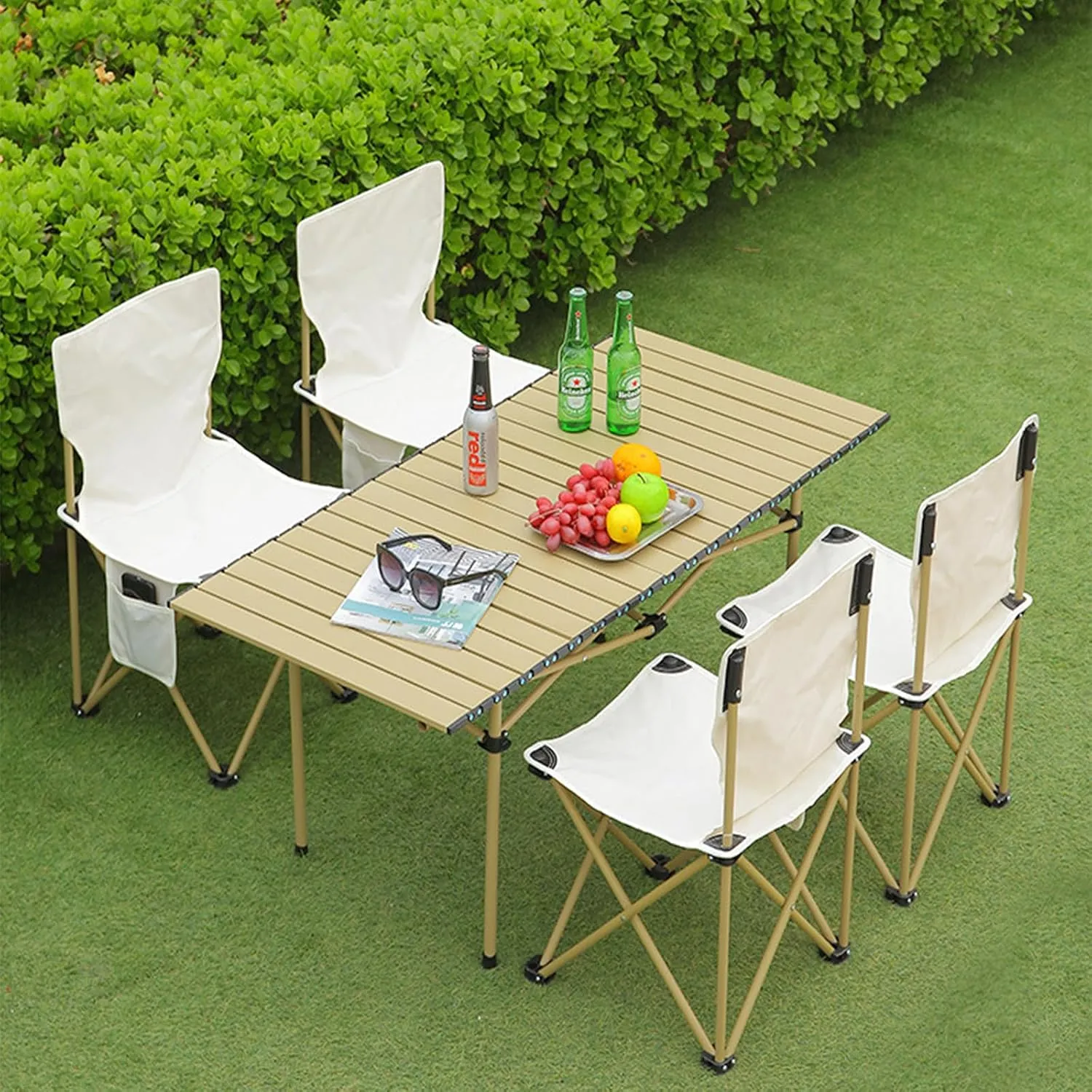 Folding Camping Table with Aluminum Top, Lightweight Portable Table for Picnic, BBQ, Cooking, and Outdoor Activities, Includes Carry Bag Wood Color 50×53×50cm/19.7×20.9×19.7in