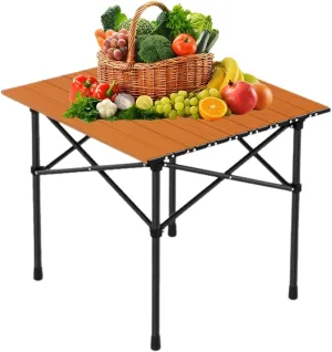 Folding Camping Table with Carry Bag, Roll-Up Aluminum Table for Camping, Beach, Travel, and Outdoor Cooking, Compact and Lightweight Wood Color 50×53×50cm/19.7×20.9×19.7in