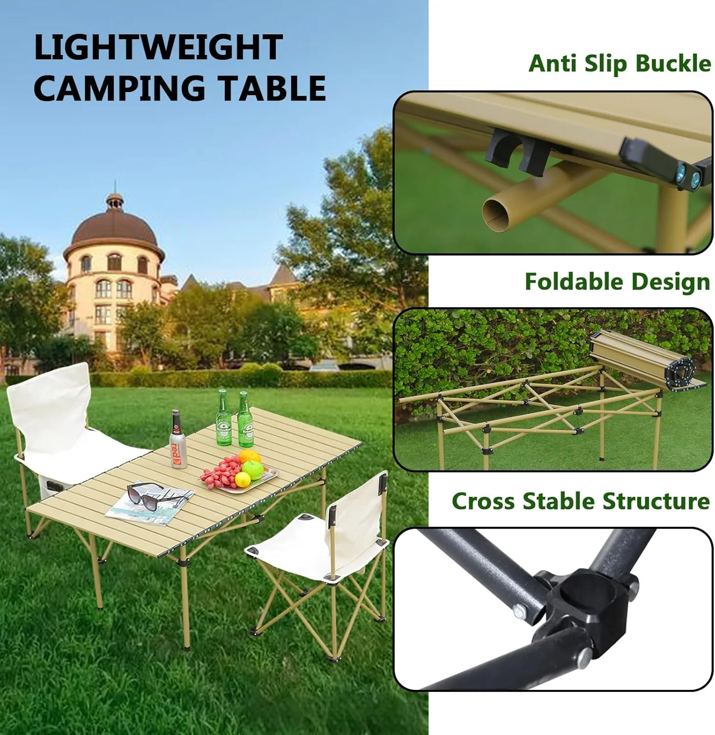 Folding Camping Table with Carry Bag, Roll-Up Aluminum Table for Camping, Beach, Travel, and Outdoor Cooking, Compact and Lightweight Wood Color 50×53×50cm/19.7×20.9×19.7in