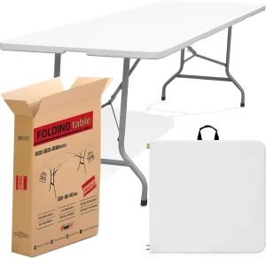 Folding Table 6ft. Outdoor and Indoor. Portable Desk for Work. Card Table with Heavy Duty Plastic. Fold-in-Half Banquet Table. Buffet, Catering, Camping, Party, Dining