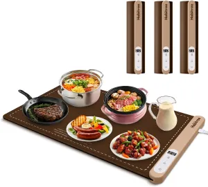 Food Warmer Silicone Electric Warming Tray - Rapid Heating, Precise 6-Level Temperature Control, Rollable & Portable, Easy to Clean, Ideal for Parties, Gatherings (Brown, Large 3pack)