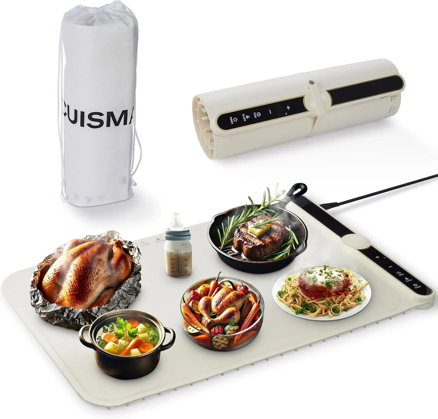 Food Warming Mat – Fast Heating Silicone Electric Warming Tray with Multi Temperature Levels, Raised Feet to Protect Tables, Roll-Up Portable Heat Pad for Buffets, Parties, Home, Travel, and Events