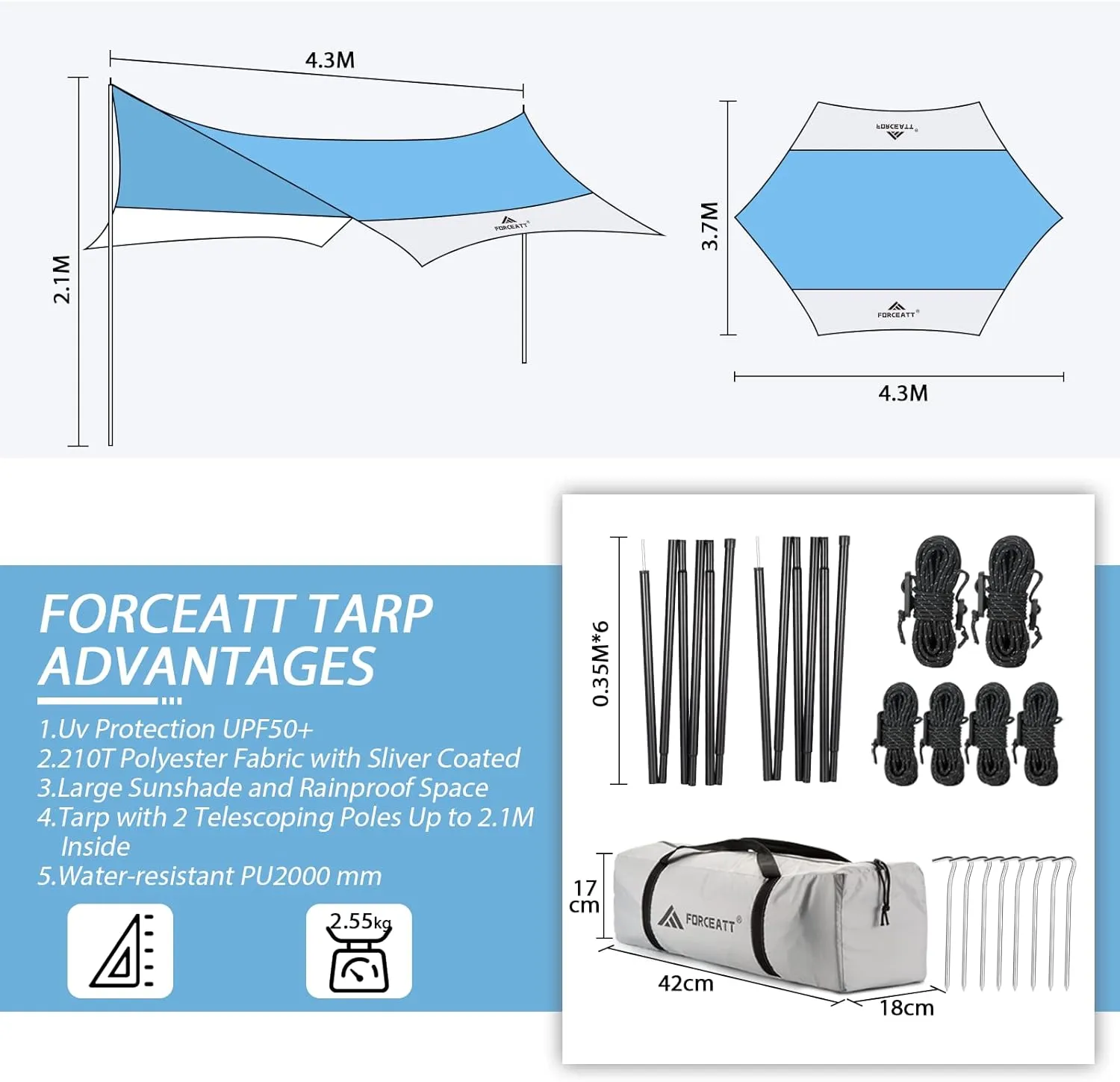 Forceatt 12x14FT Tarp with 2 Poles, Waterproof Anti-UV Camping Tarp Car Awning (UPF50 ), Lightweight Sun Shelter for Car, Tent and Hammock in Hiking, Backpacking, Garden and Traveling