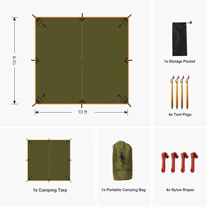 FREE SOLDIER Waterproof Portable Tarp Multifunctional Outdoor Camping Traveling Awning Backpacking Tarp Shelter Rain Tarp(Simplify Olive Brown 10×10ft)