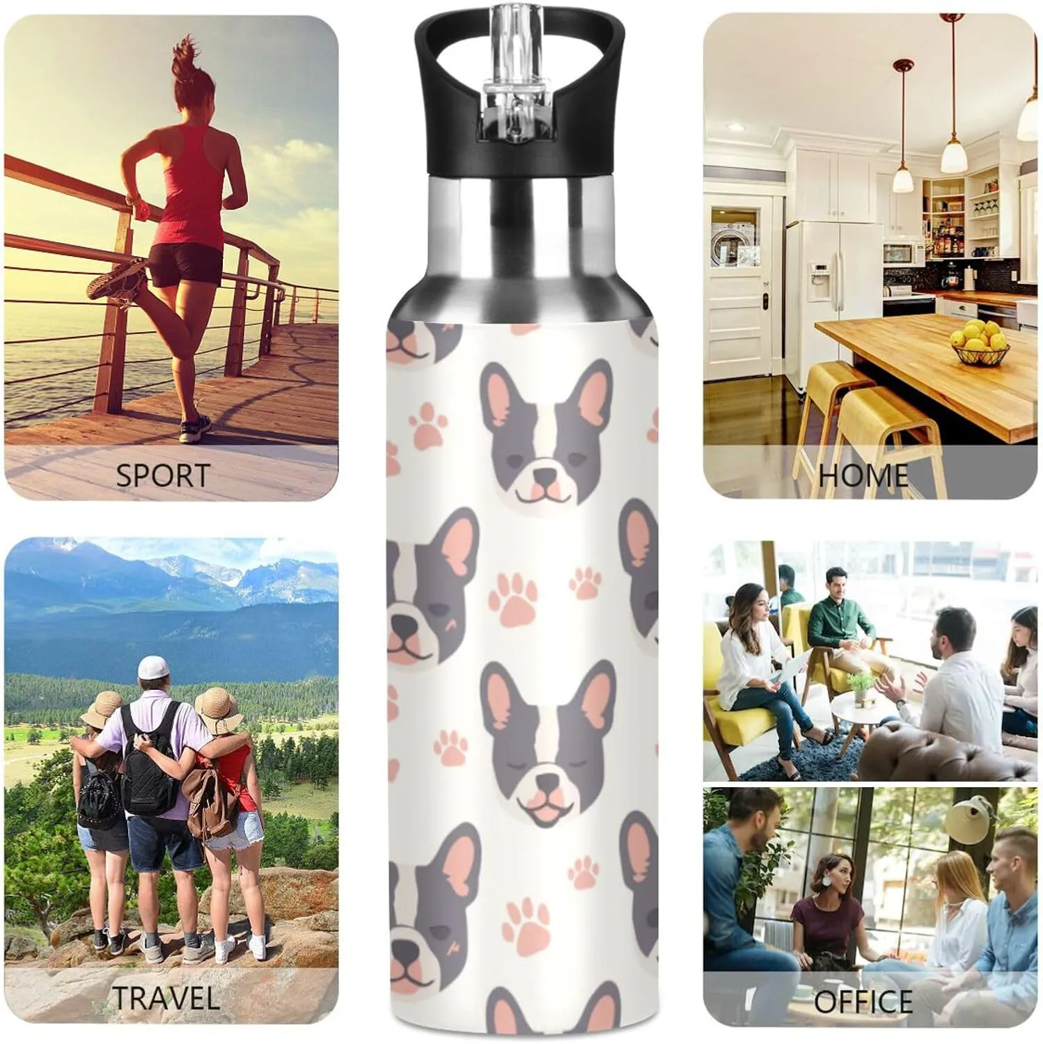 French Bulldog Water Bottle with Straw Lid Double Wall Footprint Thermos Bottle Vacuum Insulated Flask Stainless Steel Water Bottle for Gym Outdoor 20 OZ