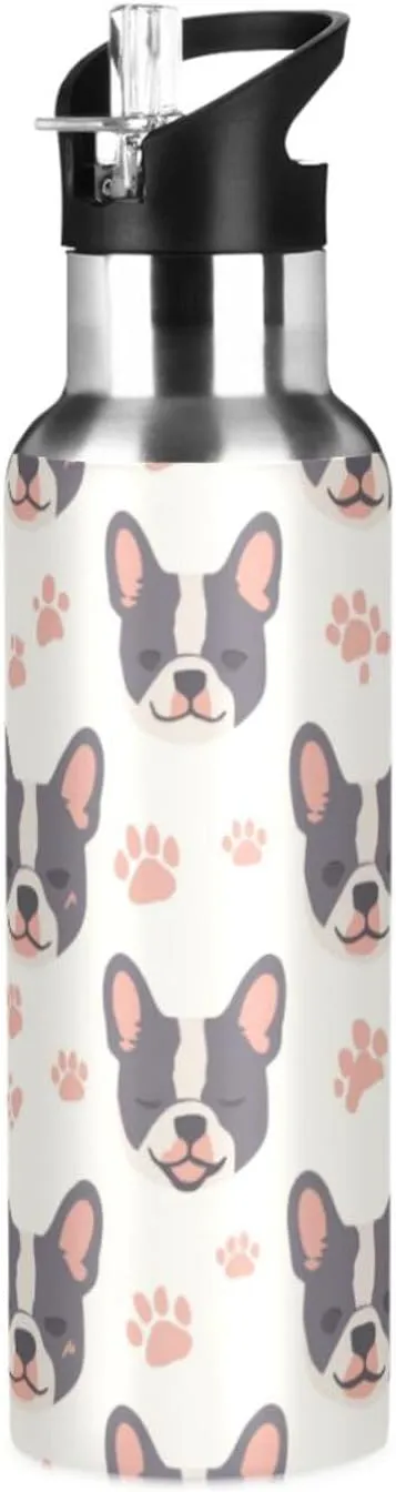 French Bulldog Water Bottle with Straw Lid Double Wall Footprint Thermos Bottle Vacuum Insulated Flask Stainless Steel Water Bottle for Gym Outdoor 20 OZ