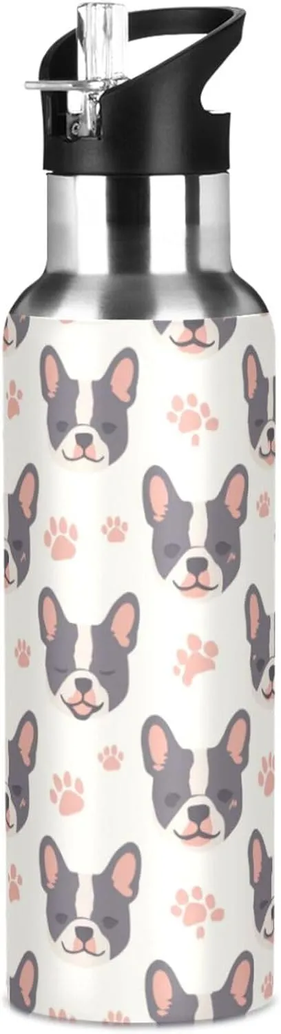 French Bulldog Water Bottle with Straw Lid Double Wall Footprint Thermos Bottle Vacuum Insulated Flask Stainless Steel Water Bottle for Gym Outdoor 20 OZ
