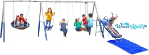 Fun Forever Plus with 6' Water Slide & Ground Tarp - 8 User / 6 Station Metal Backyard Play Swing Set. 192" L x 104" Deep x 74" H, by XDP Recreation