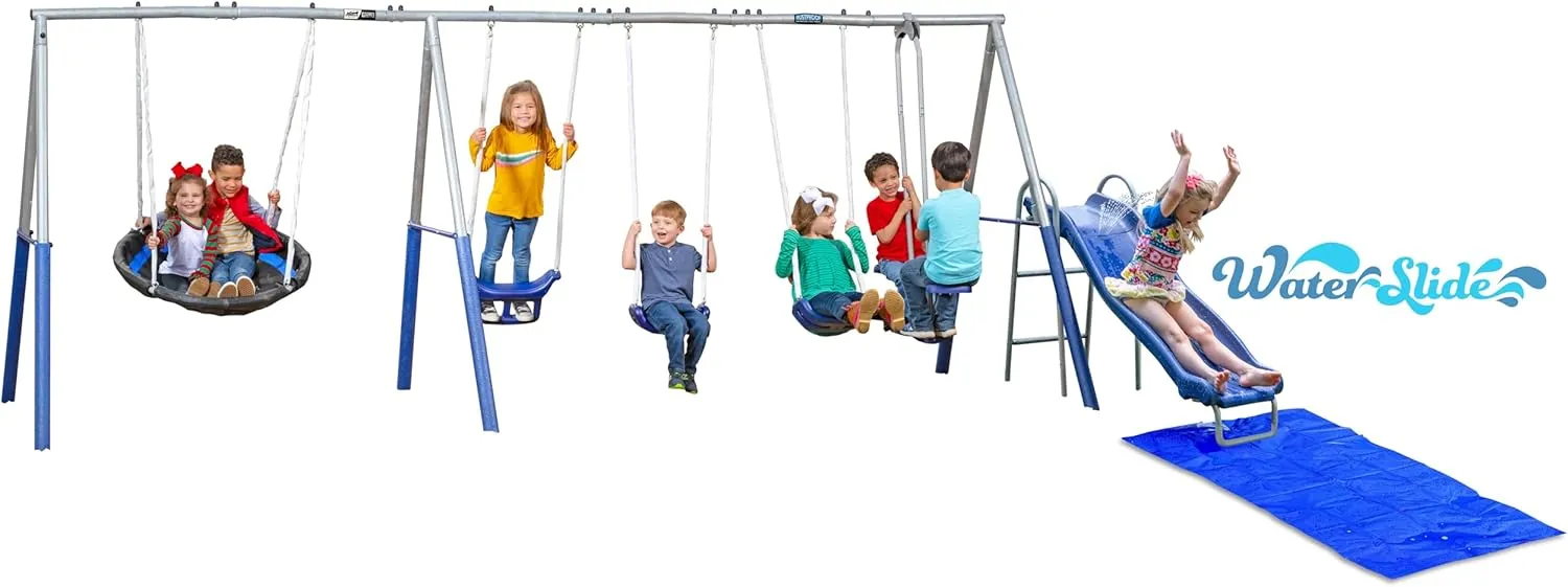 Fun Forever Plus with 6' Water Slide & Ground Tarp - 8 User / 6 Station Metal Backyard Play Swing Set. 192" L x 104" Deep x 74" H, by XDP Recreation