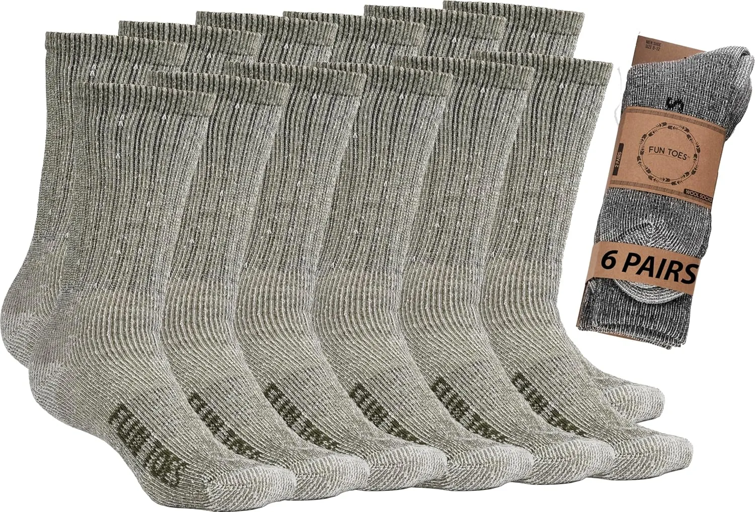 FUN TOES Men's Hiking Crew Merino Wool Socks 6 Pairs Lightweight, Reinforced Size 8-12