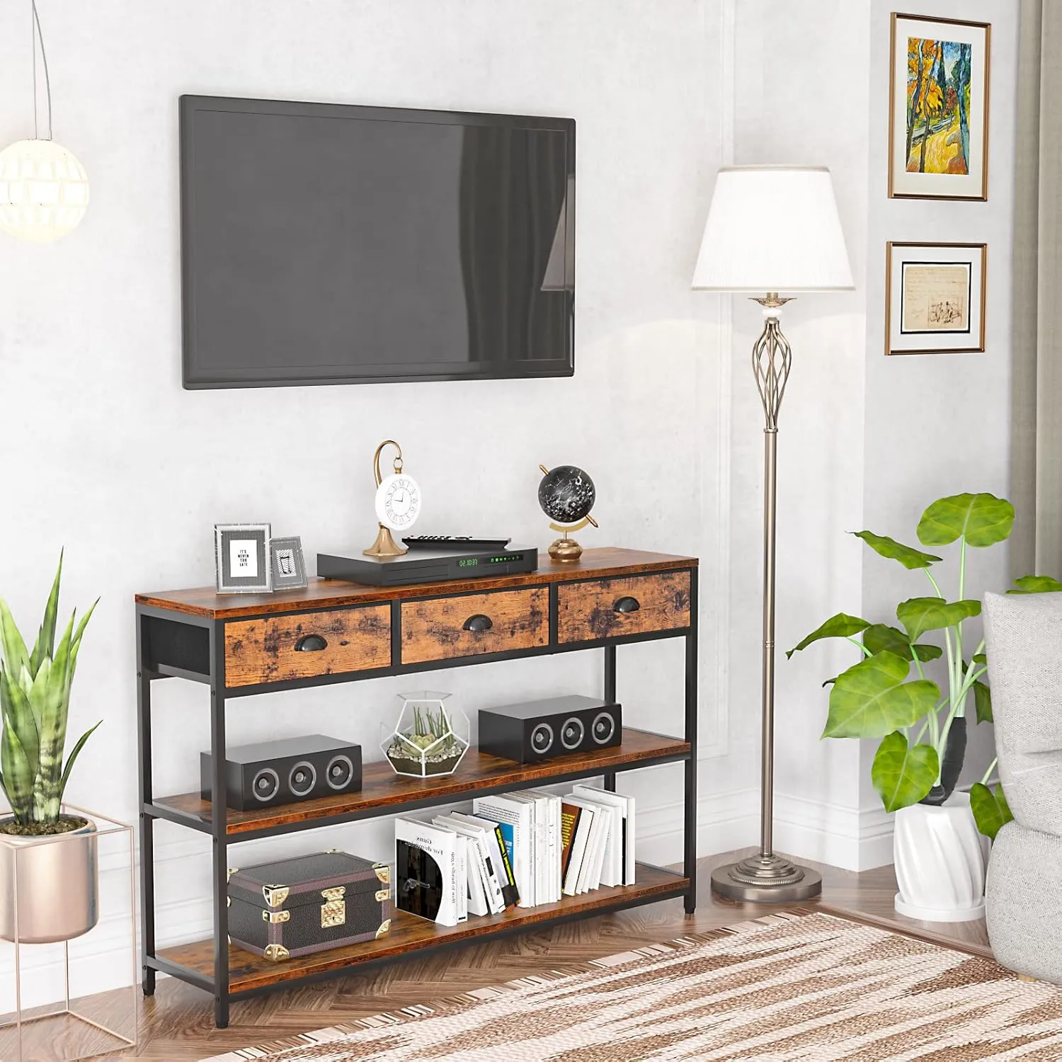 Furologee Long 47" Console Sofa Table with 3 Drawers, Entryway Table with 3-Tier Storage Shelves, Industrial Display Shelf for Entry Way, Hallway, Couch, Living Room, Kitchen, Foyer, Rustic Brown