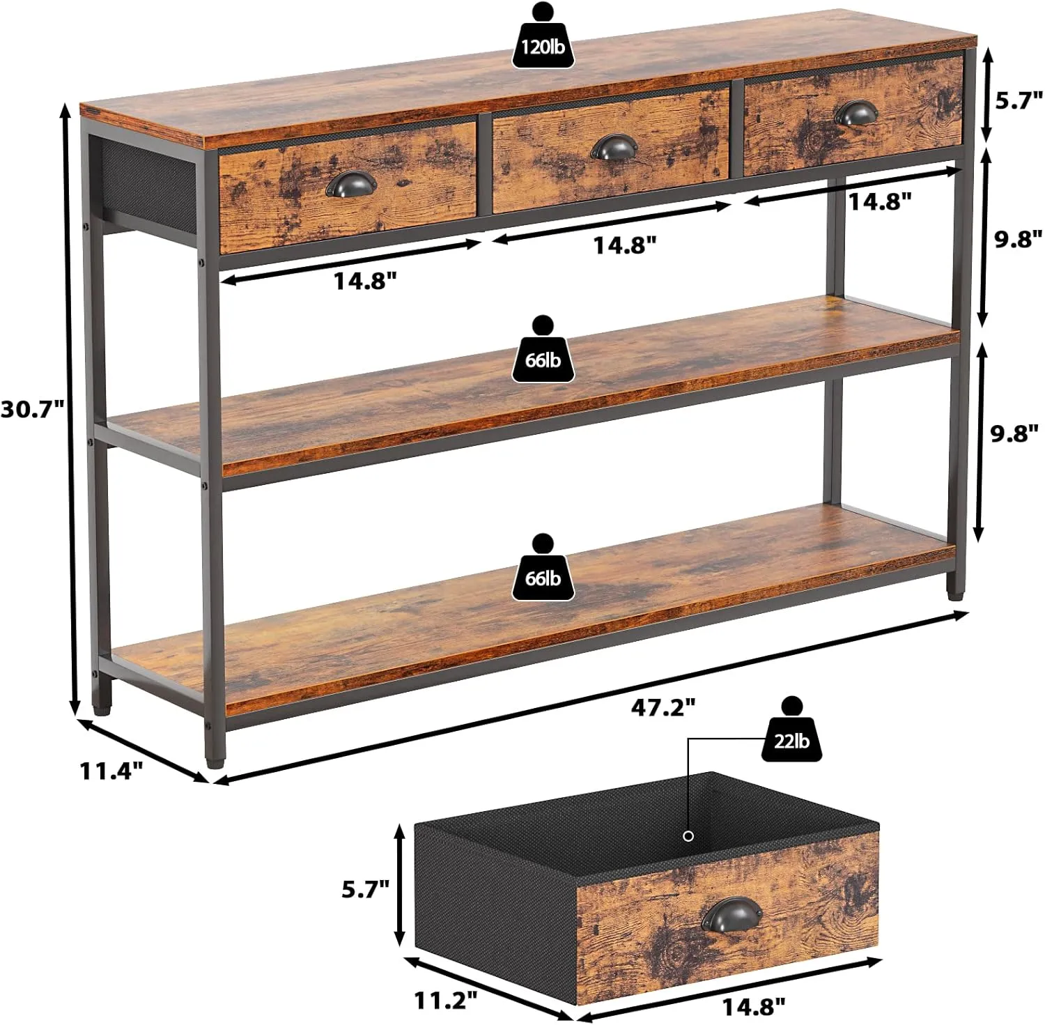 Furologee Long 47" Console Sofa Table with 3 Drawers, Entryway Table with 3-Tier Storage Shelves, Industrial Display Shelf for Entry Way, Hallway, Couch, Living Room, Kitchen, Foyer, Rustic Brown