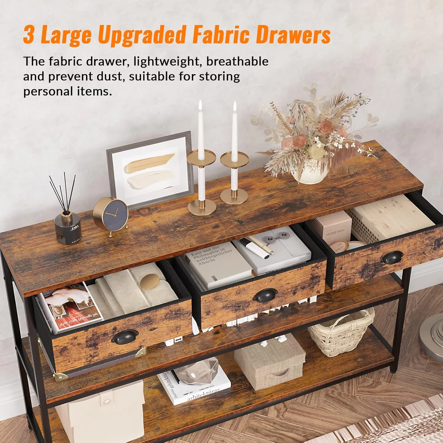 Furologee Long 47" Console Sofa Table with 3 Drawers, Entryway Table with 3-Tier Storage Shelves, Industrial Display Shelf for Entry Way, Hallway, Couch, Living Room, Kitchen, Foyer, Rustic Brown