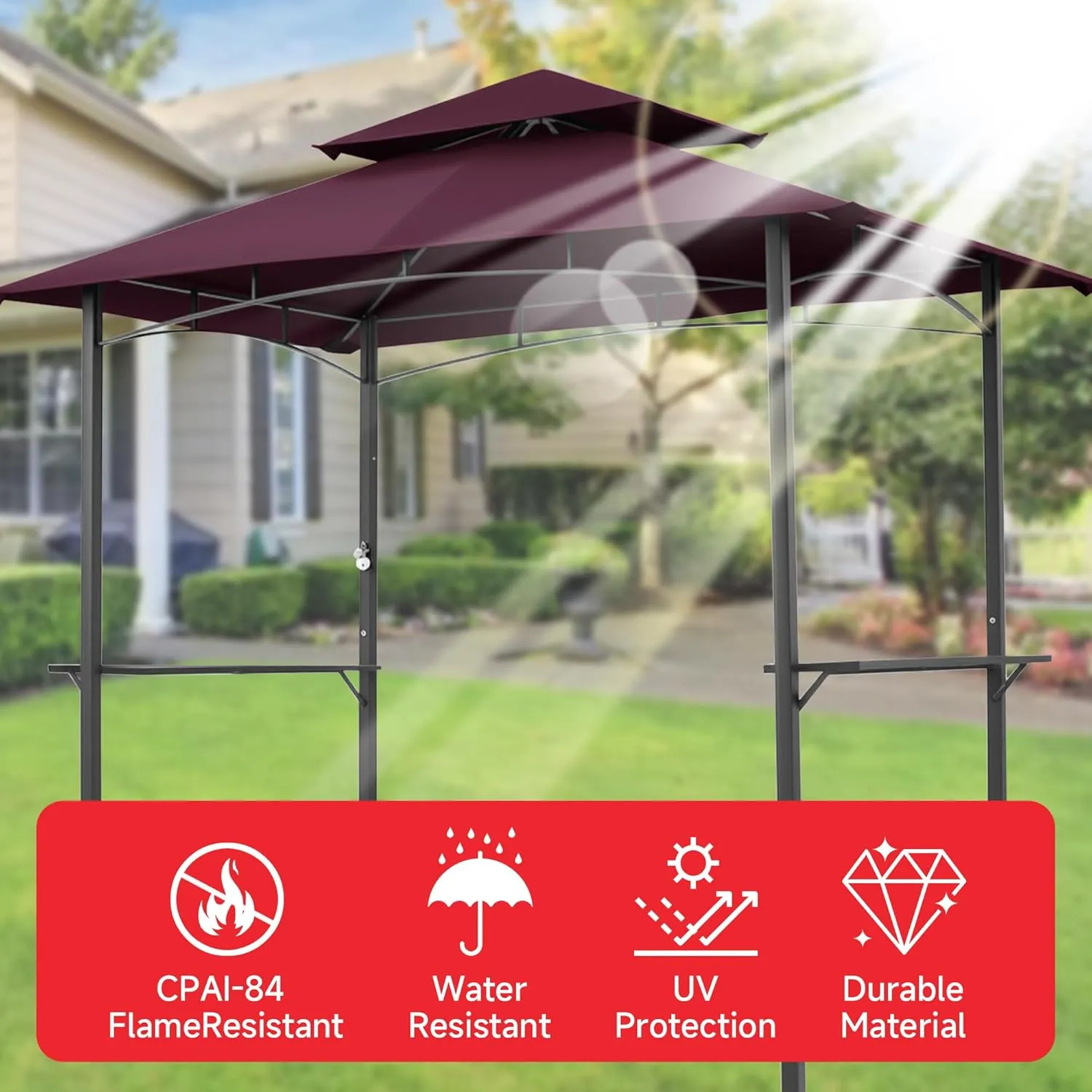 Gazebo Canopy Replacement Top - Grill Gazebo Replacement Canopy Roof – 5x8 Outdoor Grill Shelter Canopy Top Double Tiered BBQ Tent Cover (Claret)